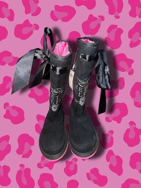 Metal Mulisha Fur Boots with Pink Lining and Ribbon Ties